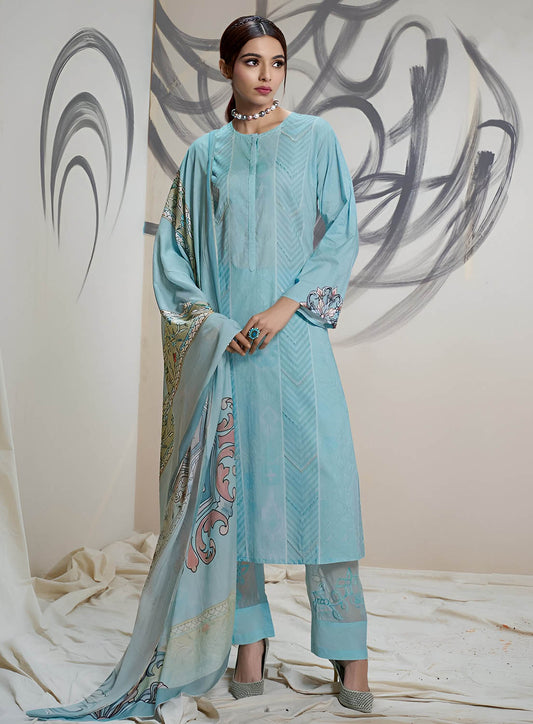 Sahiba Pure Cotton Lawn Blue Unstitched Suit Material for Women Sahiba