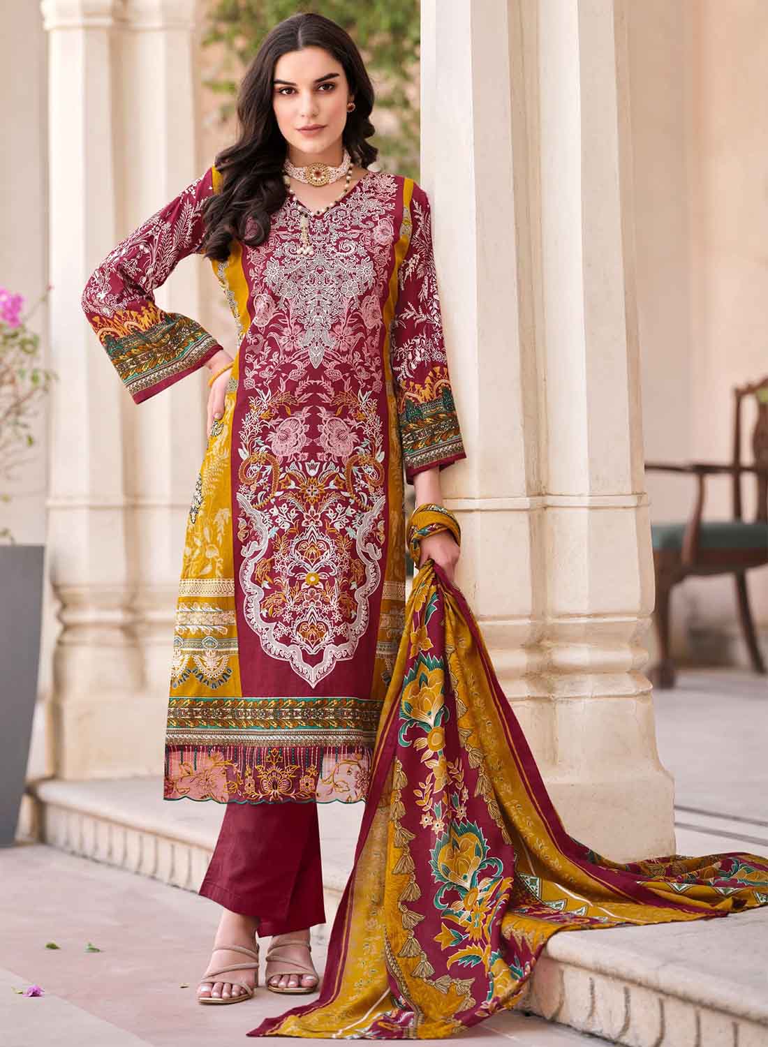 Red Pure Cotton Pakistani Print Unstitched Suit with Dupatta for Women