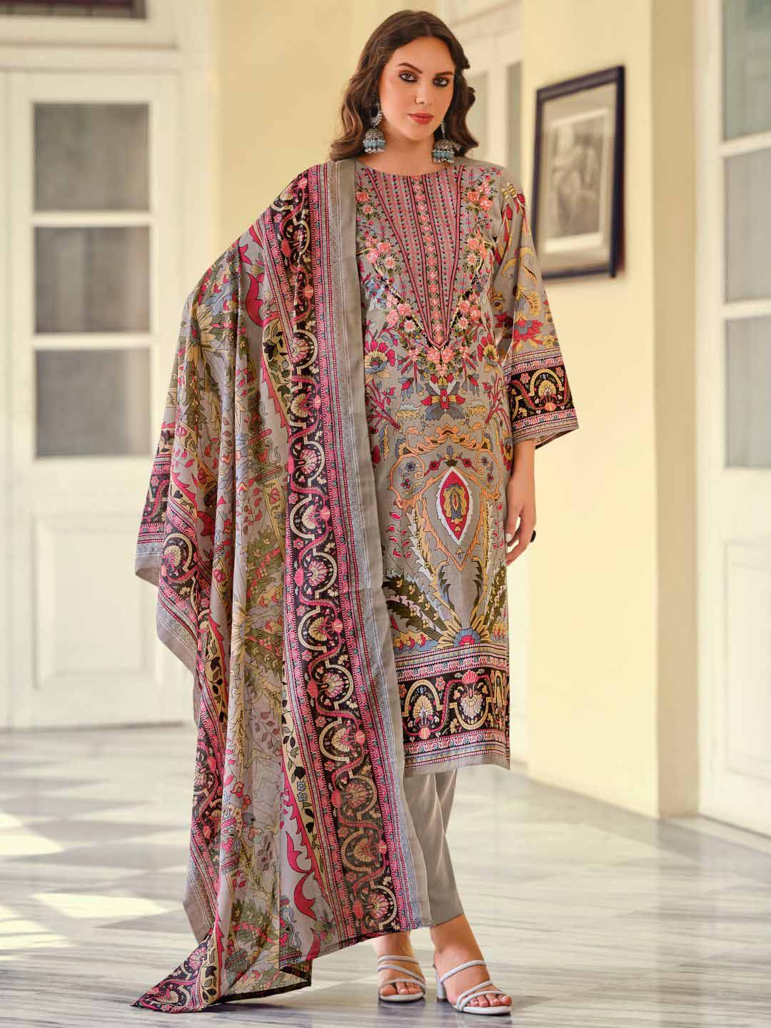 Women's Grey Pakistani Print Unstitched Cotton Suit Material with Embroidery