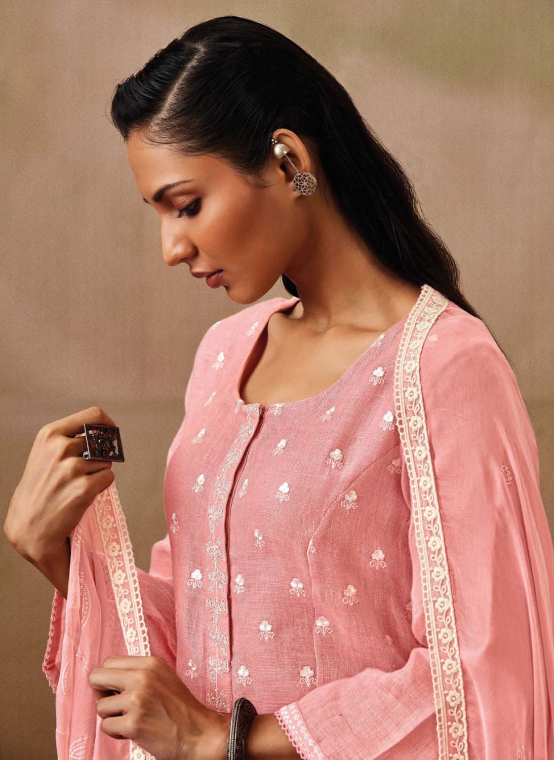 Ganga Pink Cotton Linen Unstitched Suit Material with Chiffon Dupatta Ganga