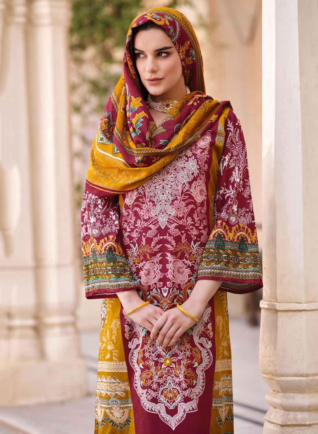 Red Pure Cotton Pakistani Print Unstitched Suit with Dupatta for Women