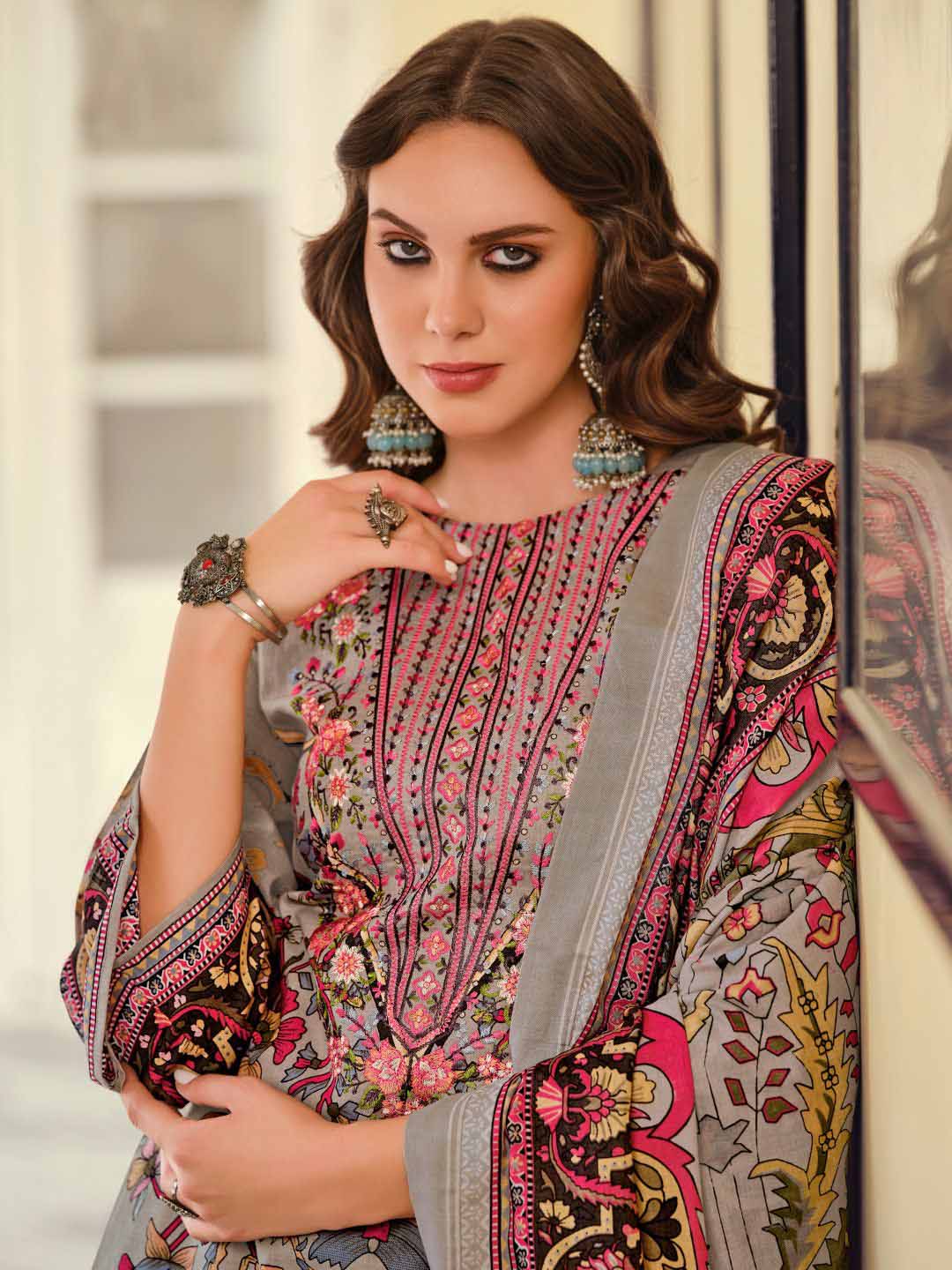 Women's Grey Pakistani Print Unstitched Cotton Suit Material with Embroidery