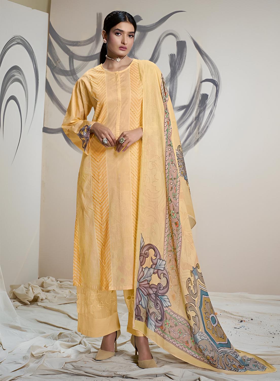 Sahiba Pure Cotton Lawn Yellow Unstitched Suit Material for Women Sahiba