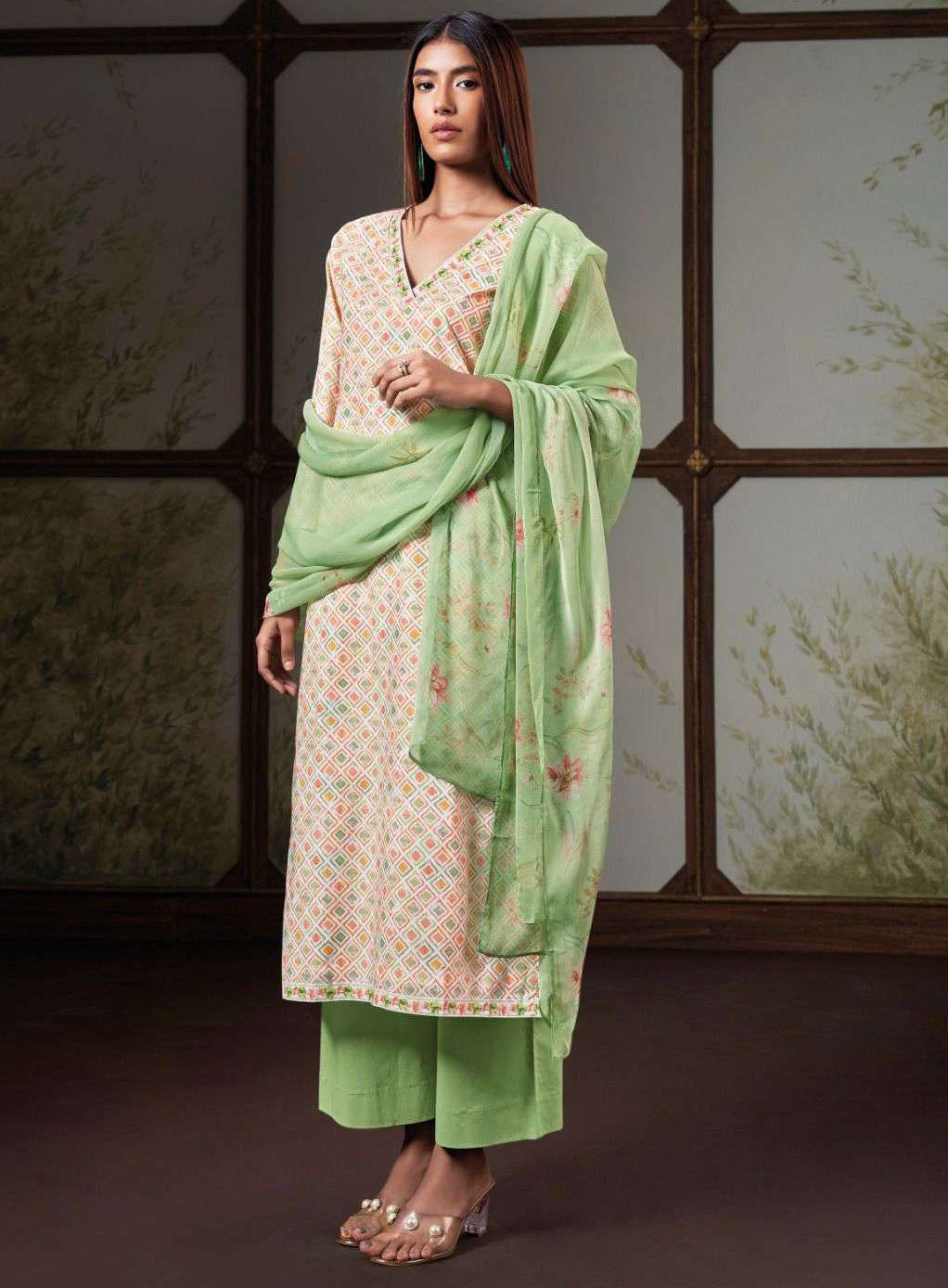 Ganga Pure Cotton Green Unstitched Suit Material for Women