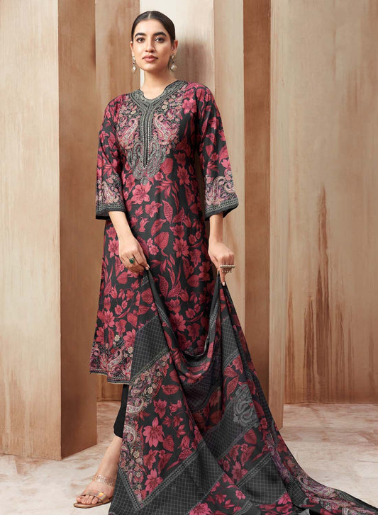 Party Wear Black Muslin Unstitched Salwar Suit Material with Handwork