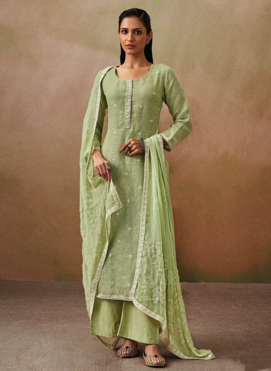 Ganga Green Cotton Linen Unstitched Suit Material with Chiffon Dupatta Ganga