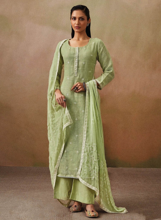 Ganga Green Cotton Linen Unstitched Suit Material with Chiffon Dupatta