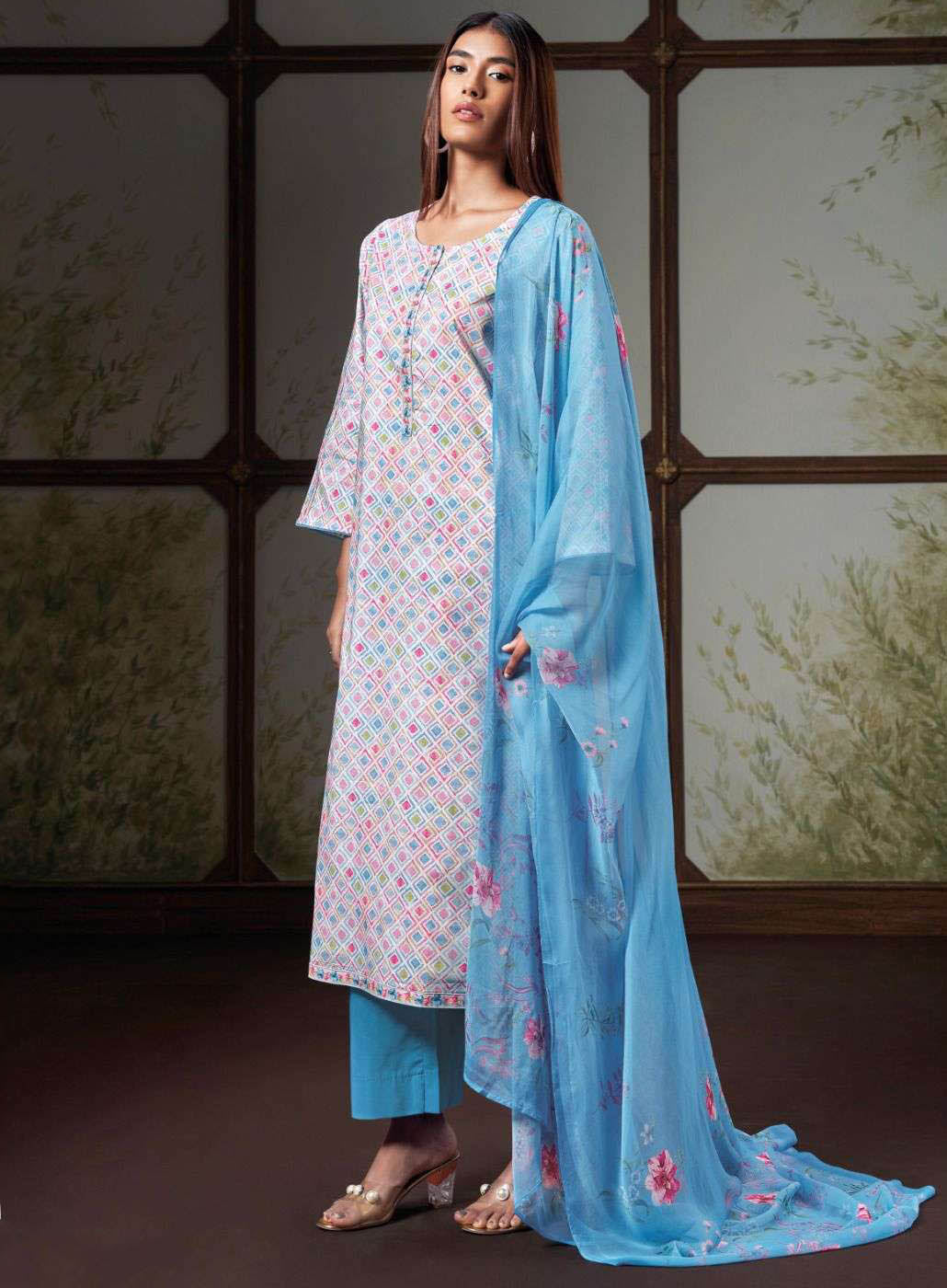 Ganga Pure Cotton Blue Unstitched Suit Material for Women