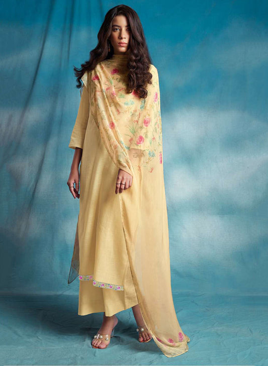 Ganga Women's Yellow Unstitched Cotton Linen Printed Suit Material