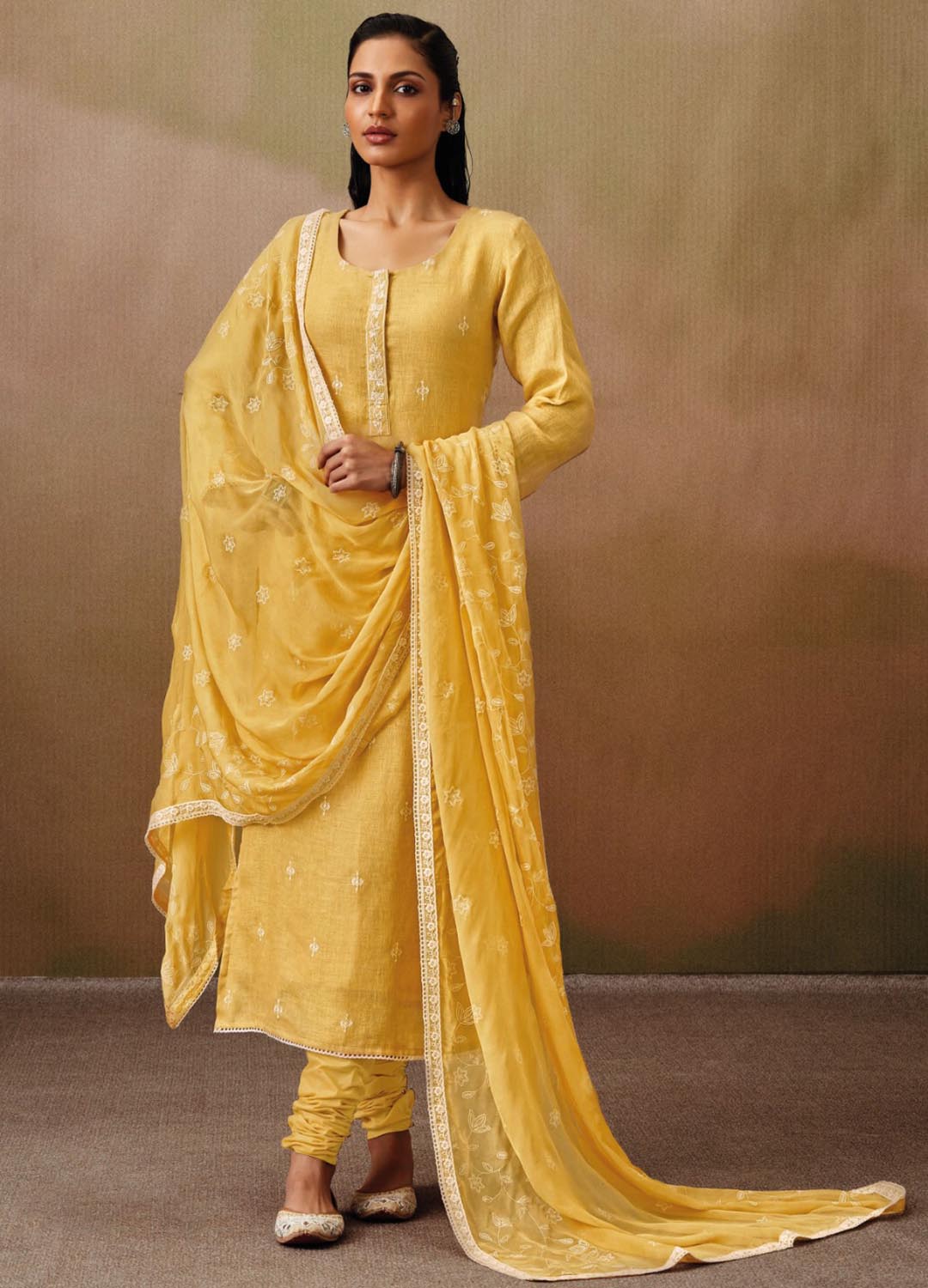 Ganga Yellow Cotton Linen Unstitched Suit Material with Chiffon Dupatta Ganga