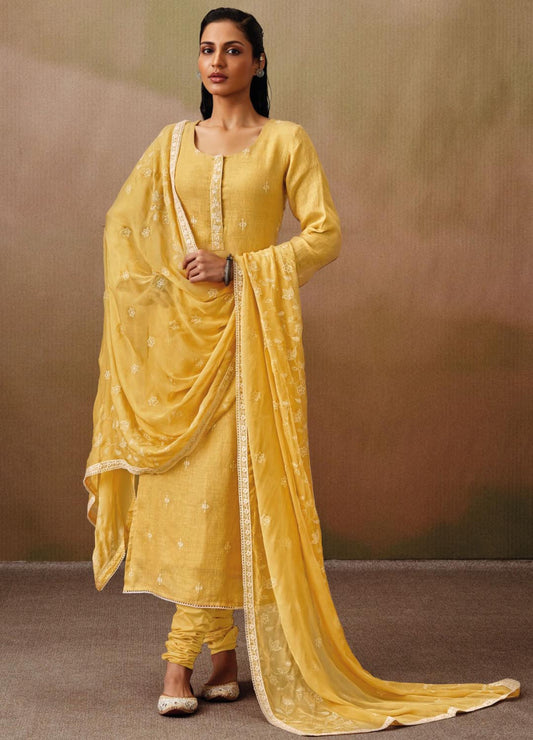 Ganga Yellow Cotton Linen Unstitched Suit Material with Chiffon Dupatta