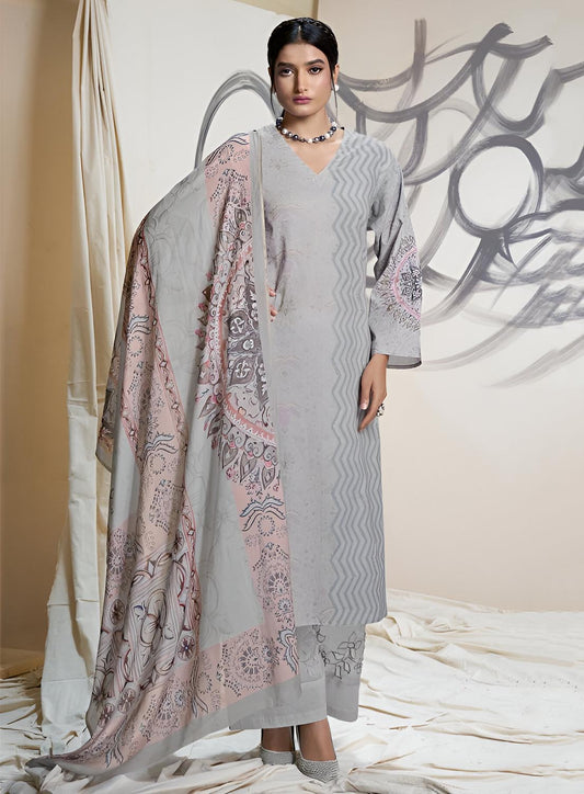 Sahiba Pure Cotton Lawn Grey Unstitched Suit Material for Women