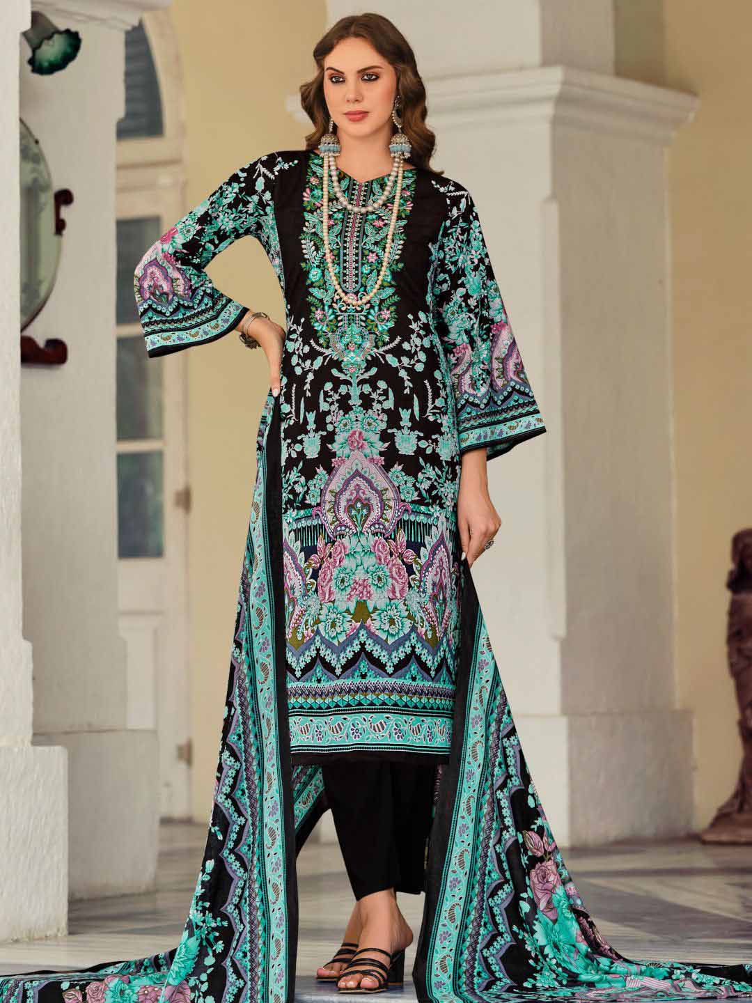 Black Pakistani Print Unstitched Cotton Suit Dress Material with Embroidery