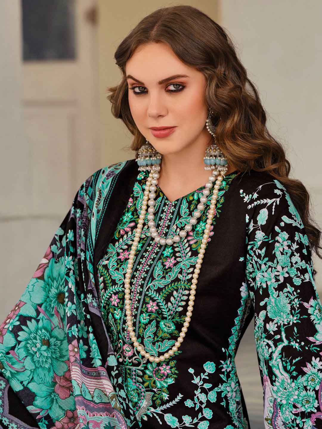 Black Pakistani Print Unstitched Cotton Suit Dress Material with Embroidery