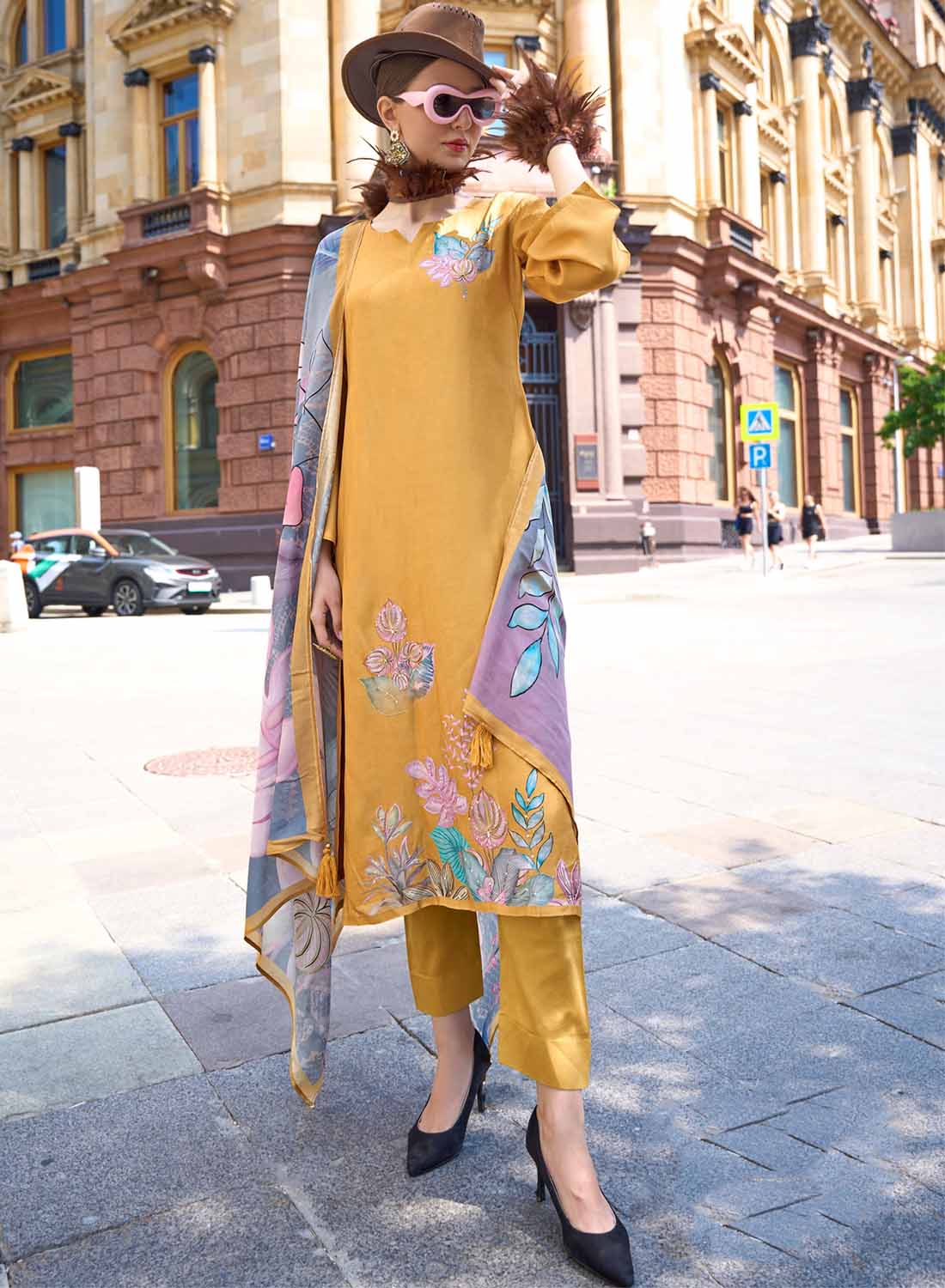 Yellow Party Wear Pure Muslin Unstitched Suit Dress Material for Women