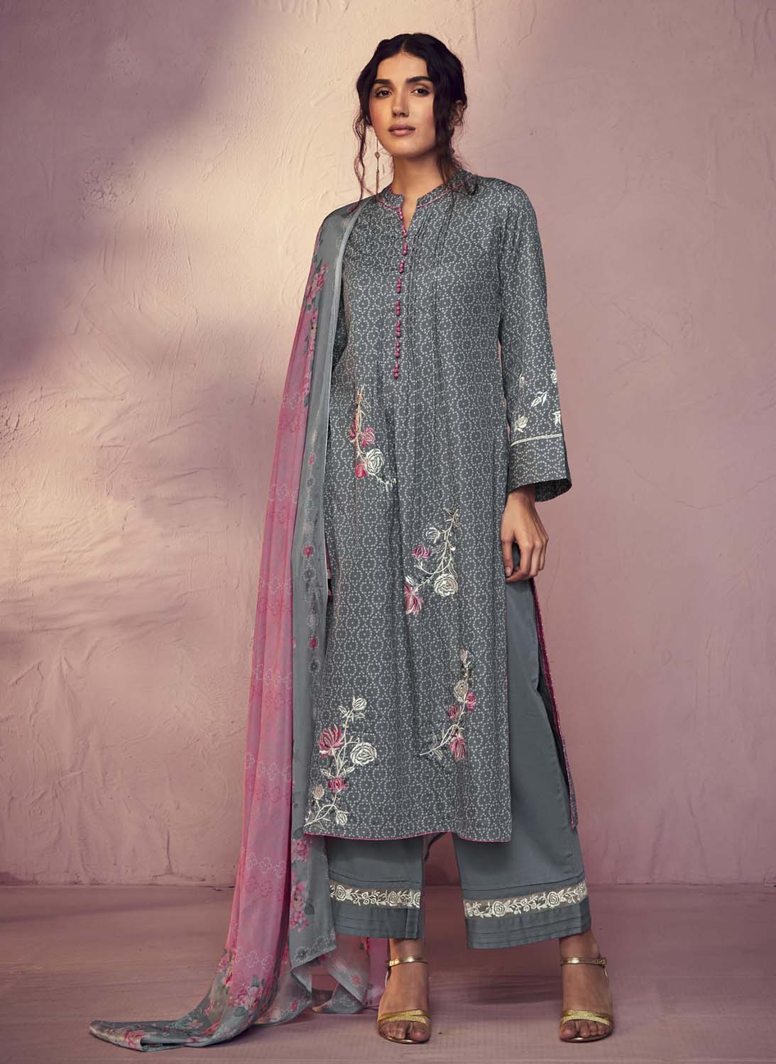 Kimora Grey Cotton Satin Unstitched Suit Dress Material for Women Kimora