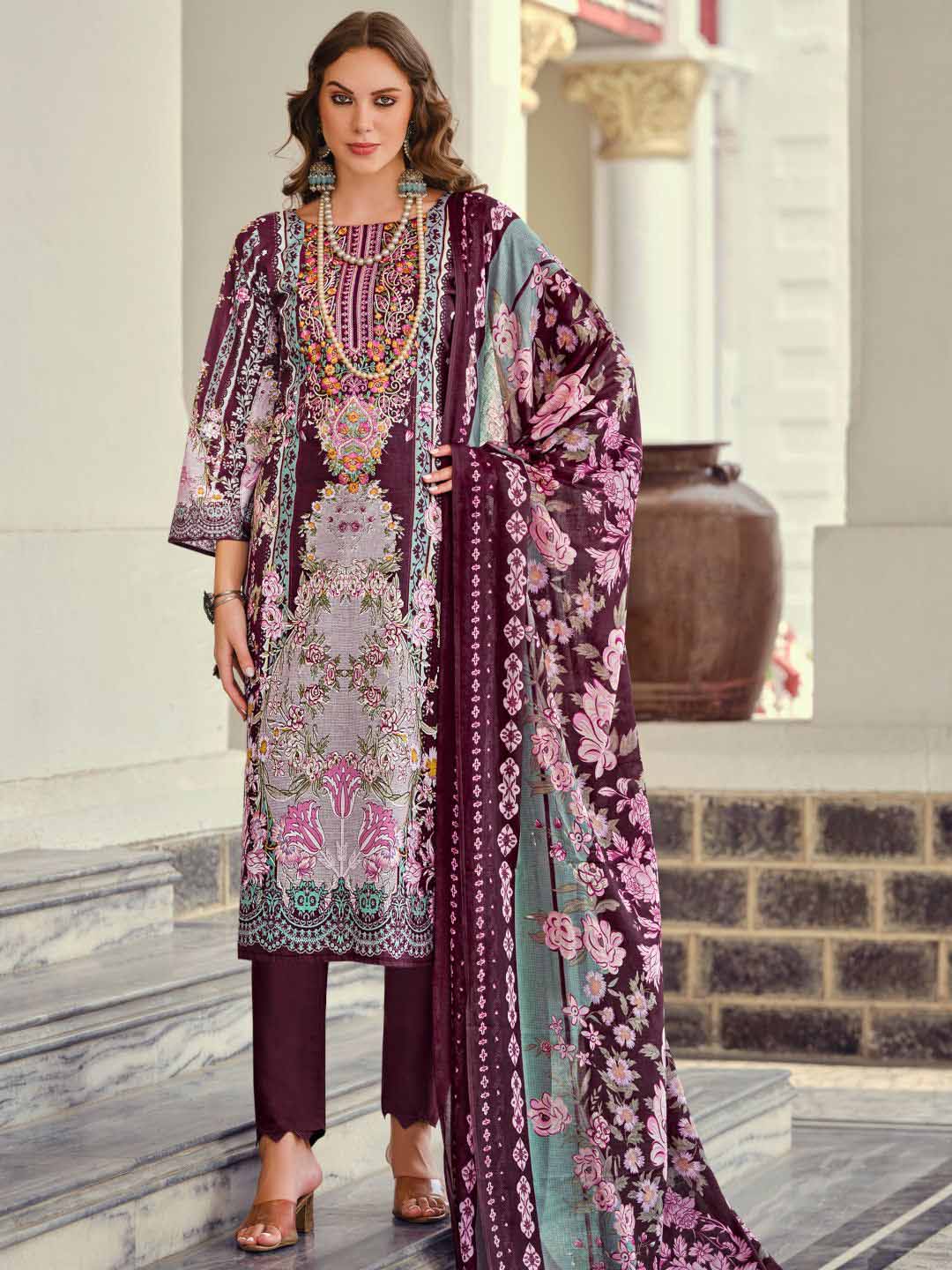 Women Pakistani Print Unstitched Cotton Salwar Suit Material with Embroidery