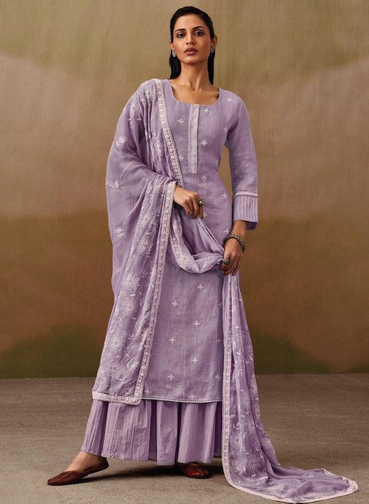 Ganga Purple Cotton Linen Unstitched Suit Material with Chiffon Dupatta