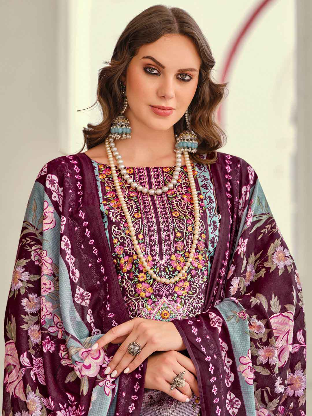 Women Pakistani Print Unstitched Cotton Salwar Suit Material with Embroidery