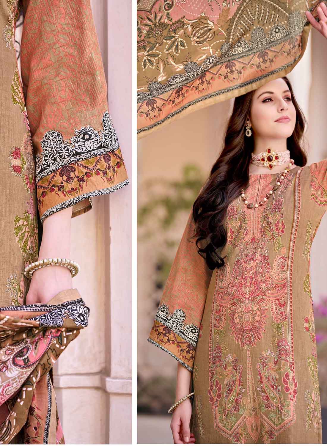Brown Pure Cotton Pakistani Print Unstitched Suit Material for Women