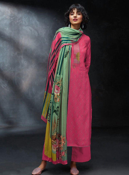 Ganga Woolen Pashmina Pink Winter Suit Dress Materials for Women