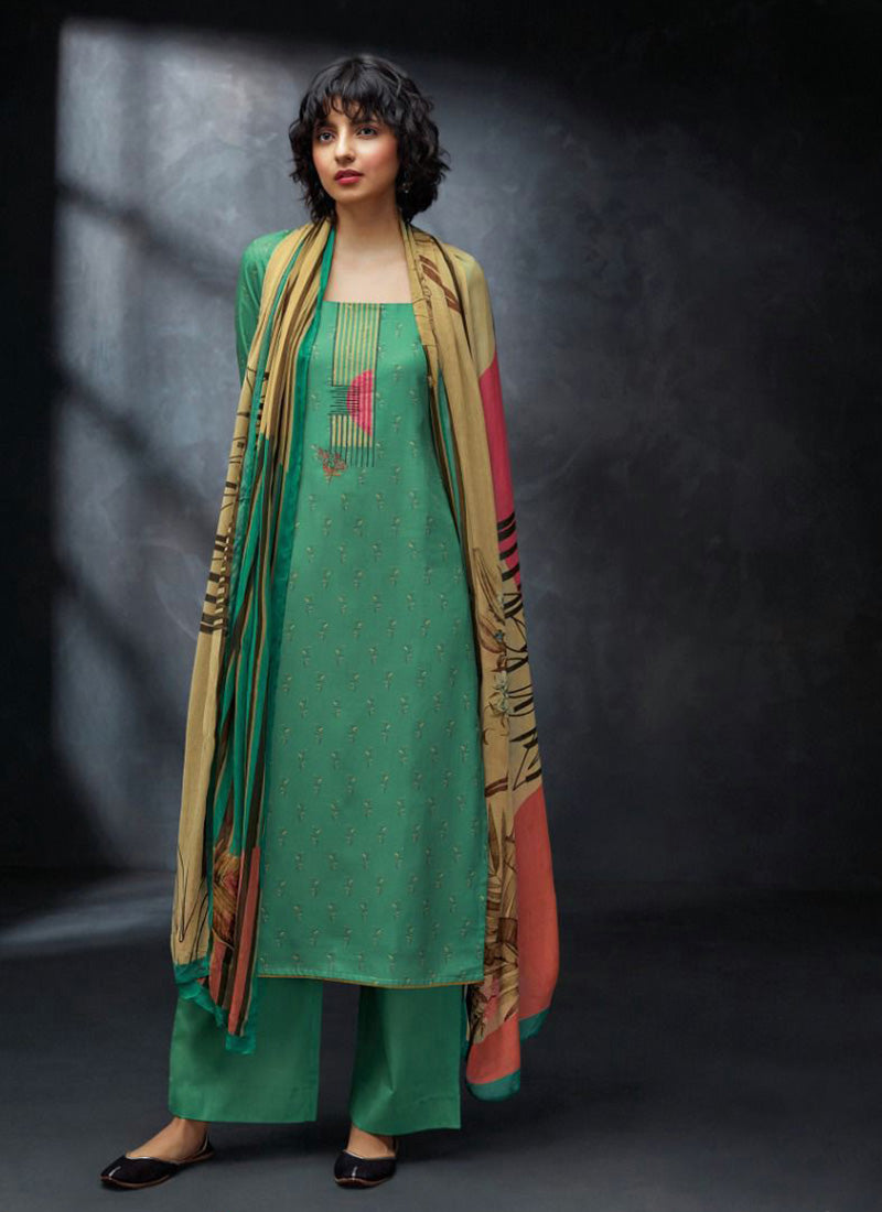 Ganga Woolen Pashmina Green Winter Suit Dress Material for Women Ganga