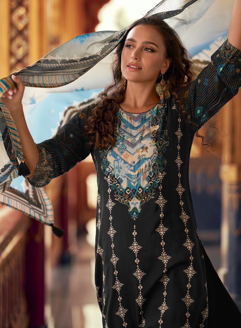 Black Pure Muslin Silk Unstitched Salwar Suit Material for Women