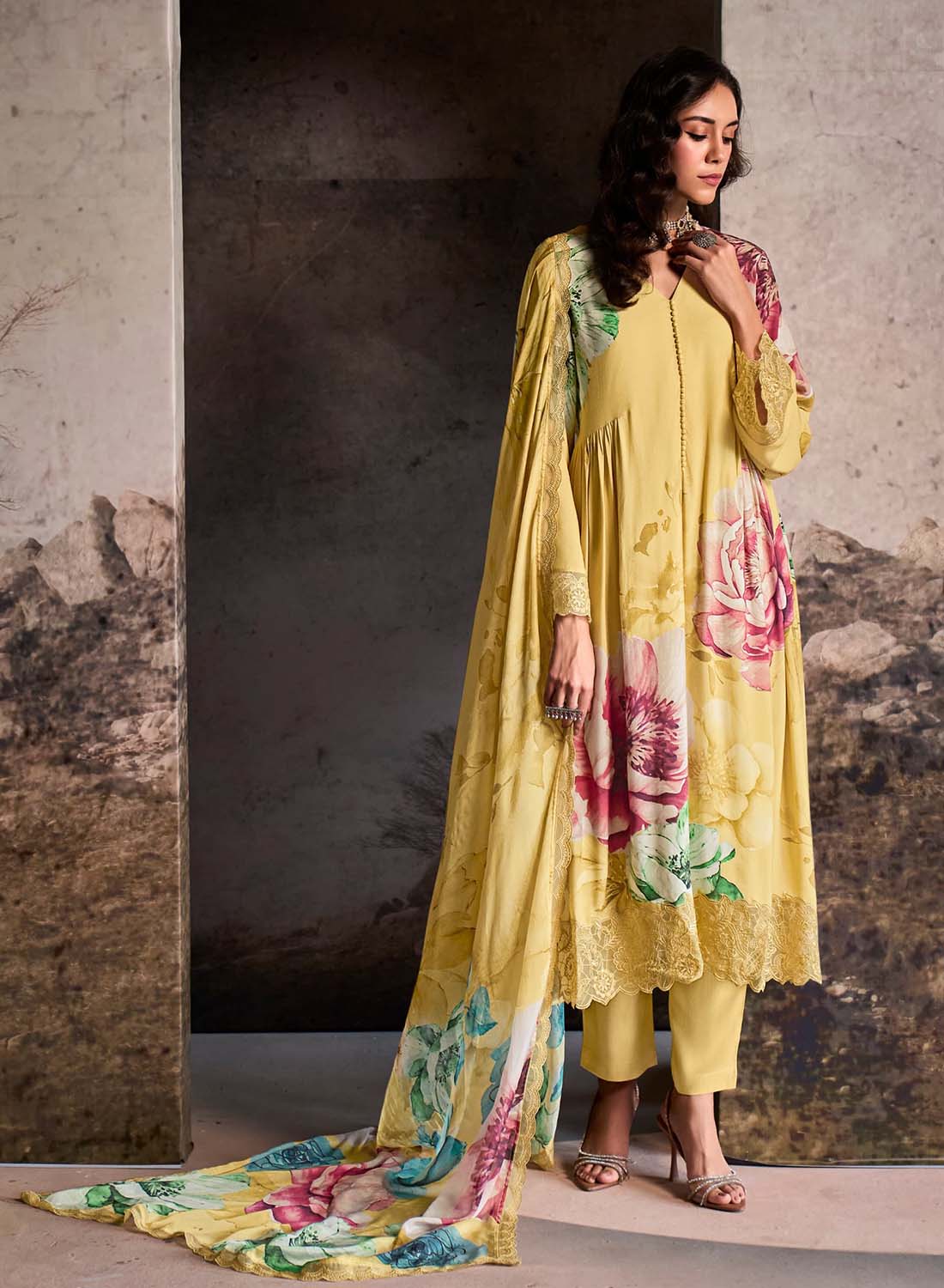 Kimora Pure Muslin Yellow Unstitched Suit Dress Material with Embroidery