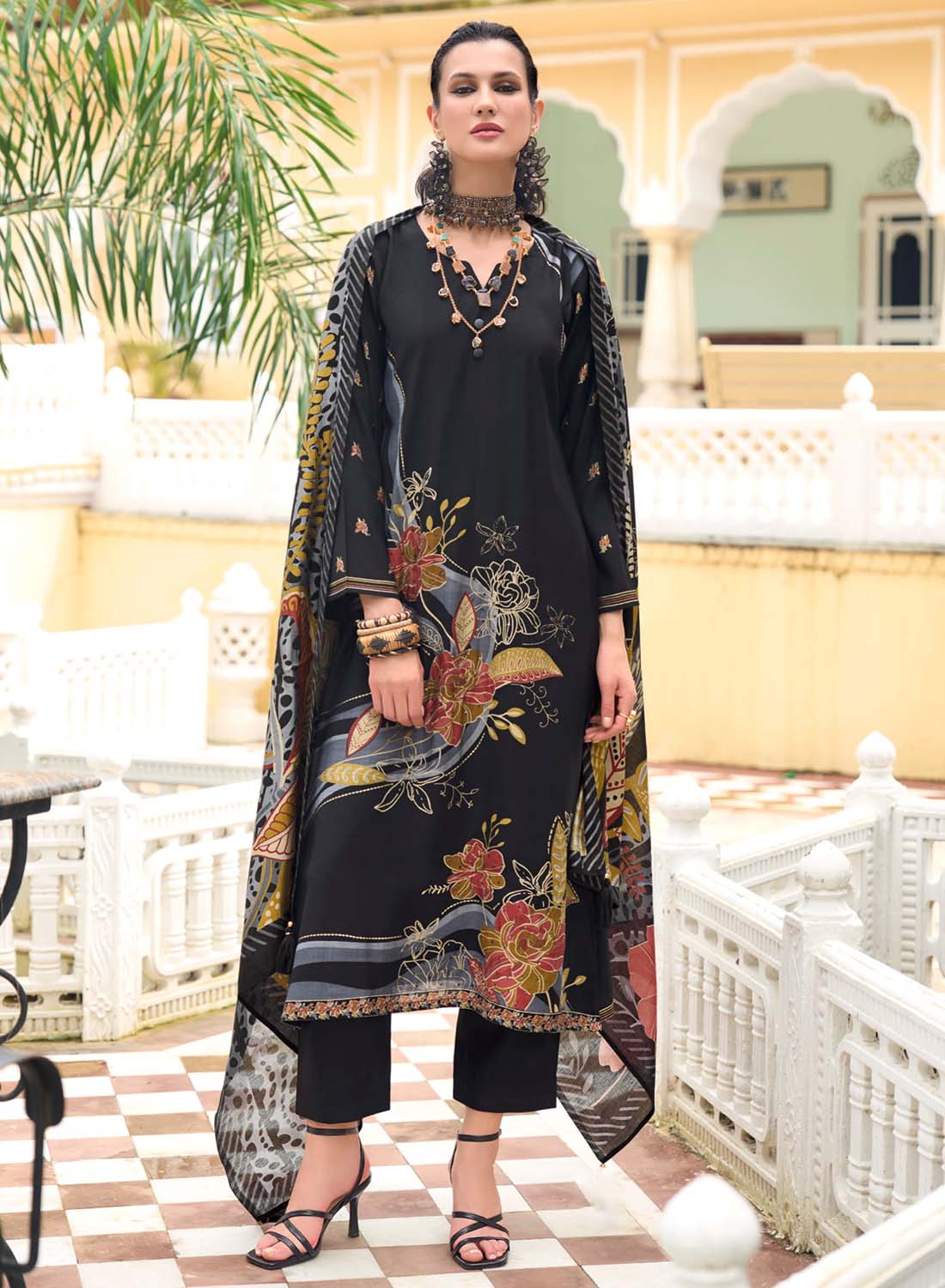 Party Wear Black Modal Silk Unstitched Salwar Suit Material for Women