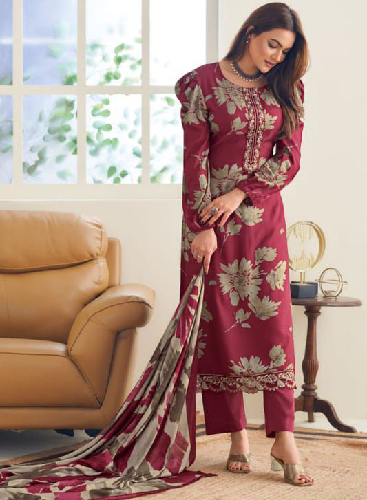 Maroon Unstitched Pashmina Winter Suit Dress Material with Embroidery