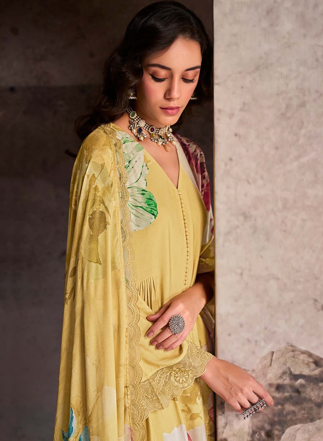 Kimora Pure Muslin Yellow Unstitched Suit Dress Material with Embroidery