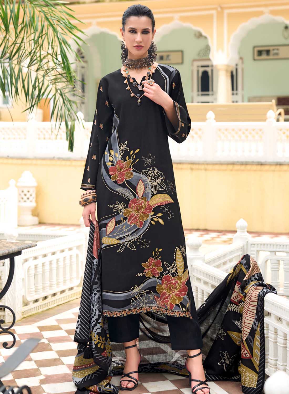 Party Wear Black Modal Silk Unstitched Salwar Suit Material for Women