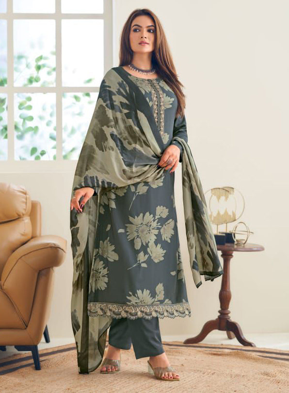 Grey Unstitched Pashmina Winter Suit Dress Material with Embroidery