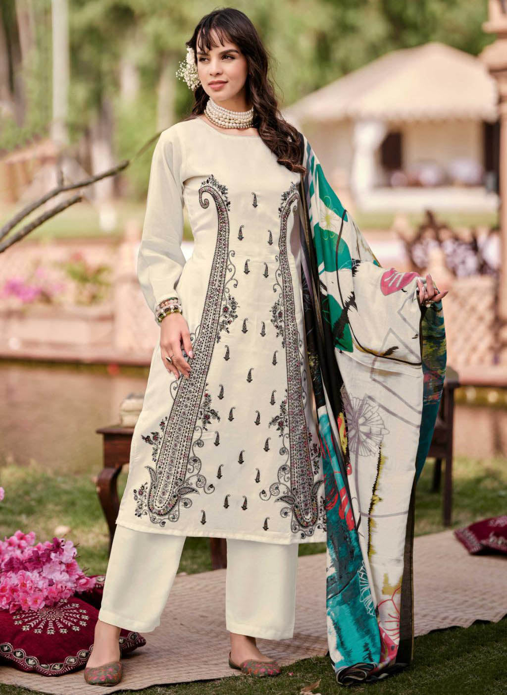 Mumtaz Arts White Pure Muslin Salwar Suit Dress Material for Women