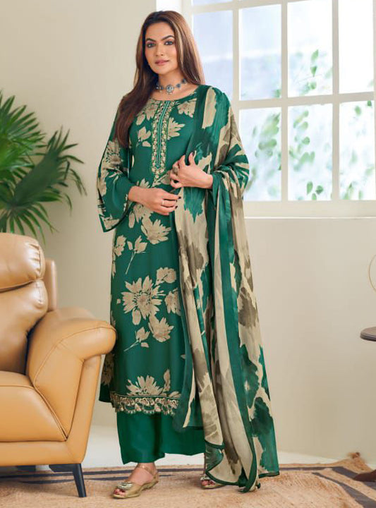 Green Unstitched Pashmina Winter Suit Dress Material with Embroidery