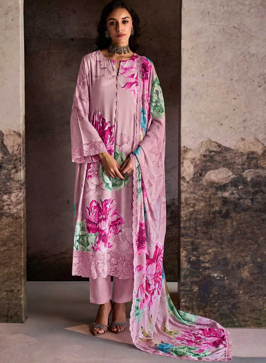 Kimora Pure Muslin Pink Unstitched Suit Dress Material with Embroidery