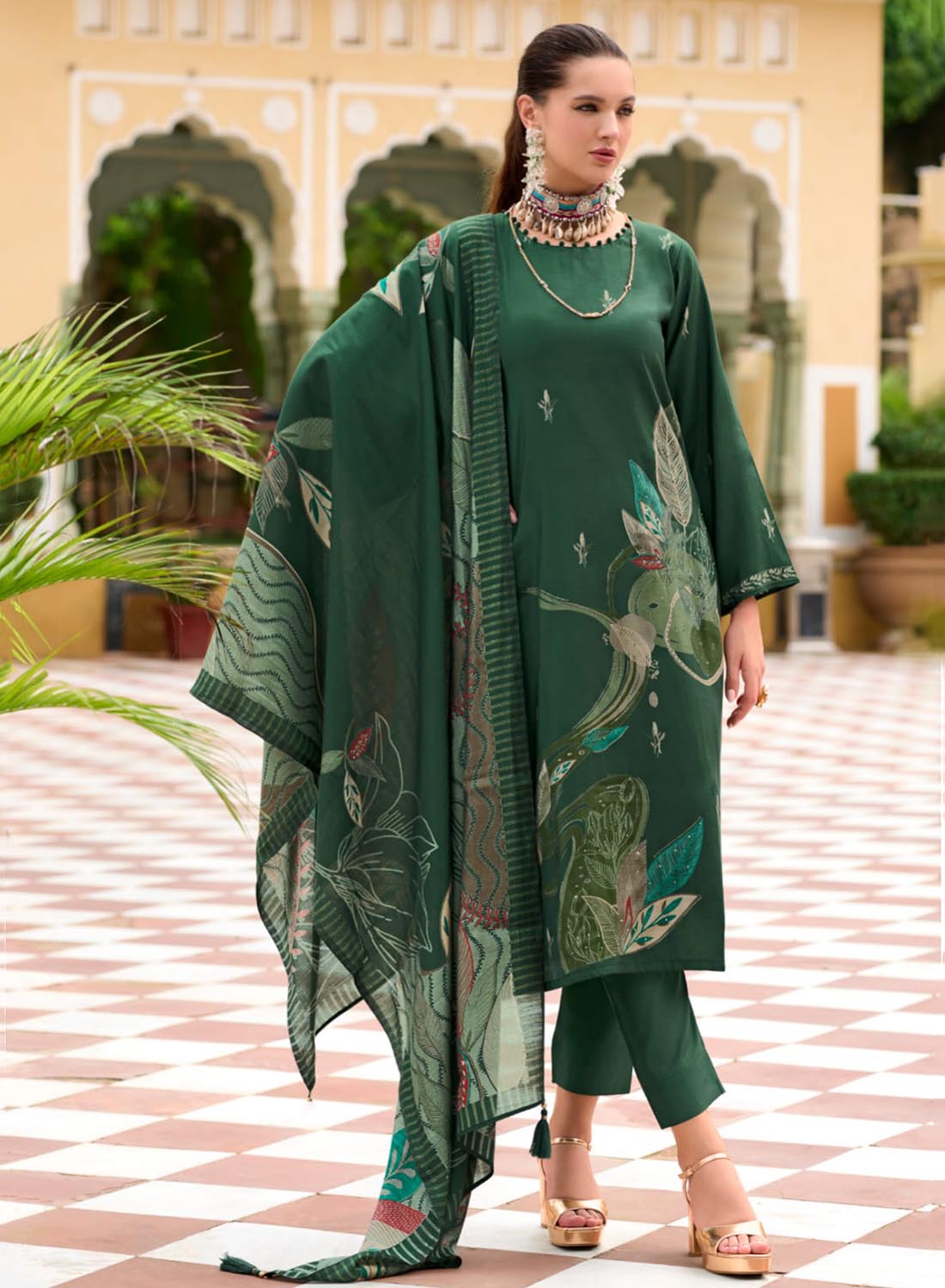 Party Wear Green Modal Silk Unstitched Salwar Suit Material for Women