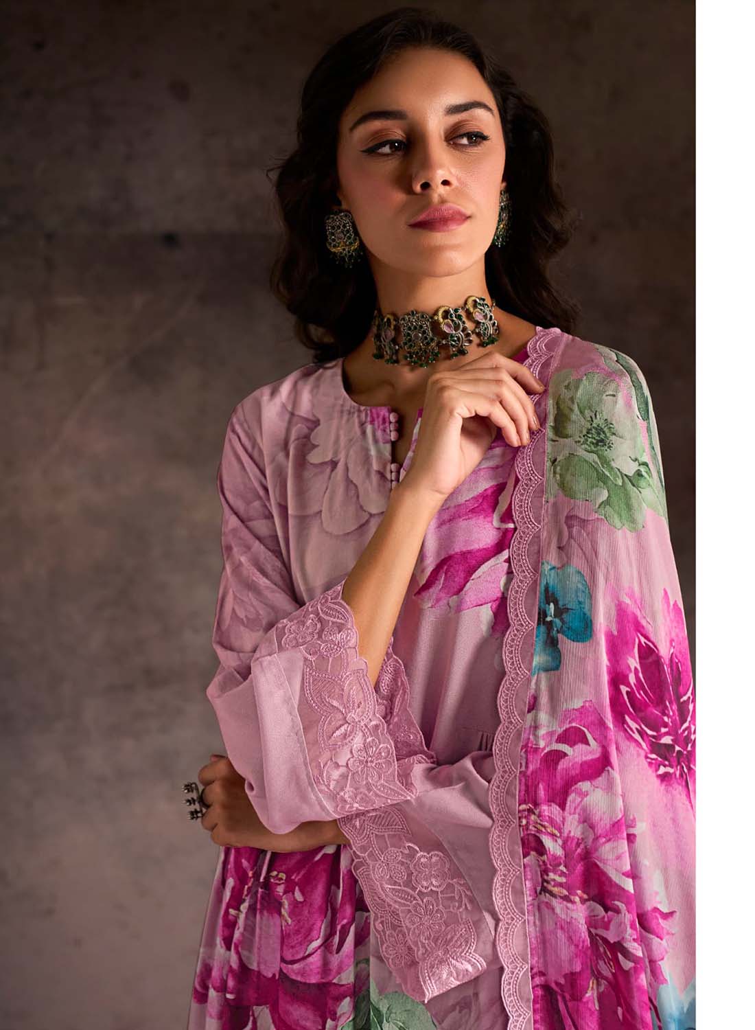 Kimora Pure Muslin Pink Unstitched Suit Dress Material with Embroidery