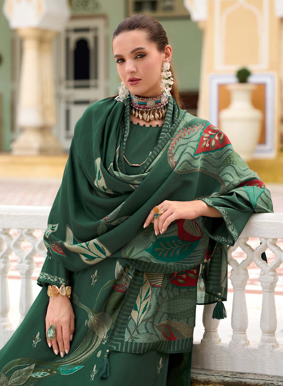 Party Wear Green Modal Silk Unstitched Salwar Suit Material for Women