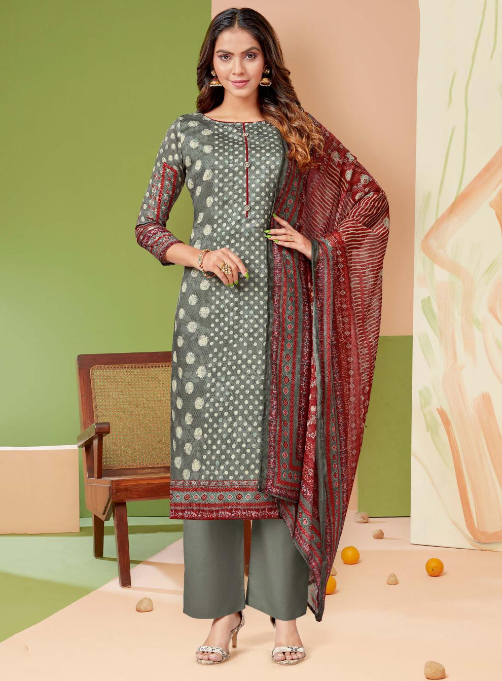 Alok Unstitched Grey Salwar Suit Fabric Dress Material for Women