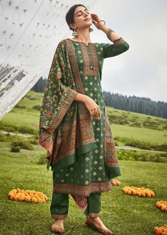 Belliza Pashmina Kaani Weaving Jacquard Green Winter Suit for Women Belliza