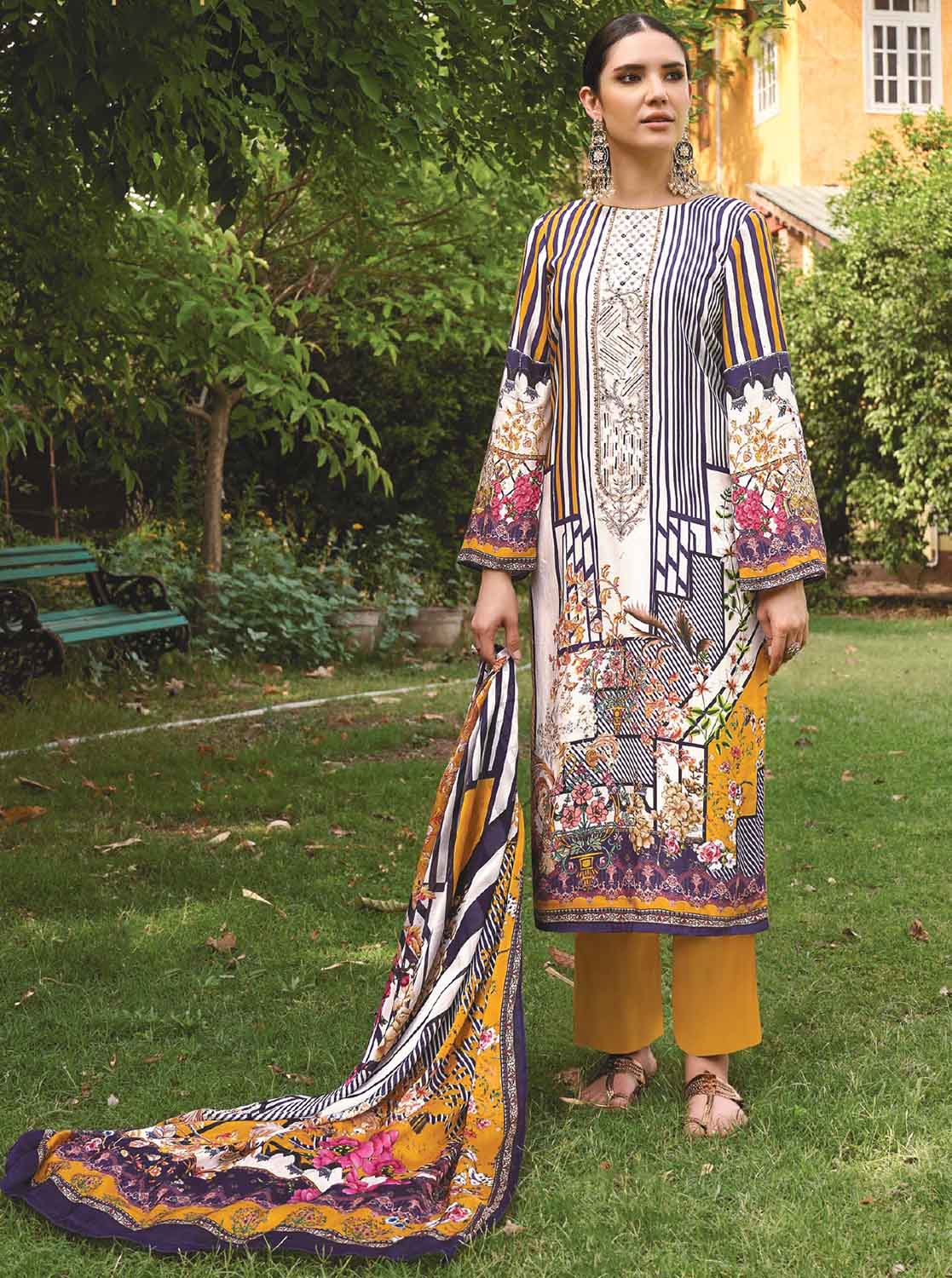 AQSA Unstitched Cotton Pakistani Suit Fabric with Embroidery