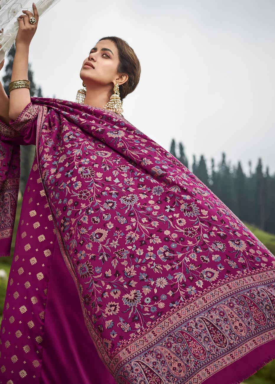 Belliza Pashmina Kaani Weaving Jacquard Pink Winter Suit for Women Belliza