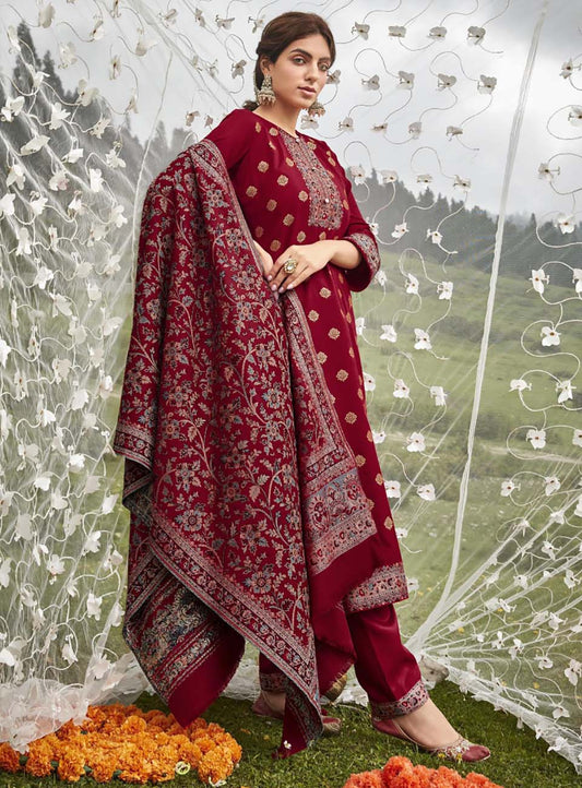 Belliza Pashmina Kaani Jacquard Red Unstitched Winter Suit for Women