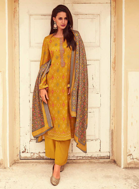 Mumtaz Arts Women's Pashmina Yellow Unstitched Winter Suit Material Mumtaz Arts