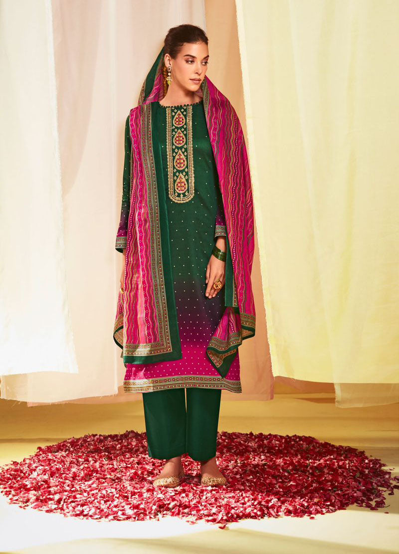 Mumtaz Arts Embroidered Cotton Satin Unstitched Suit Set Green Mumtaz Arts