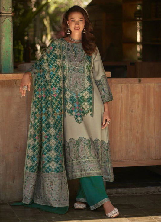 Kesar Pure Pashmina Unstitched Green Printed Winter Suit for Ladies Kesar