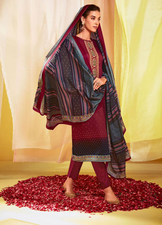 Mumtaz Arts Embroidered Cotton Satin Unstitched Suit Set Maroon