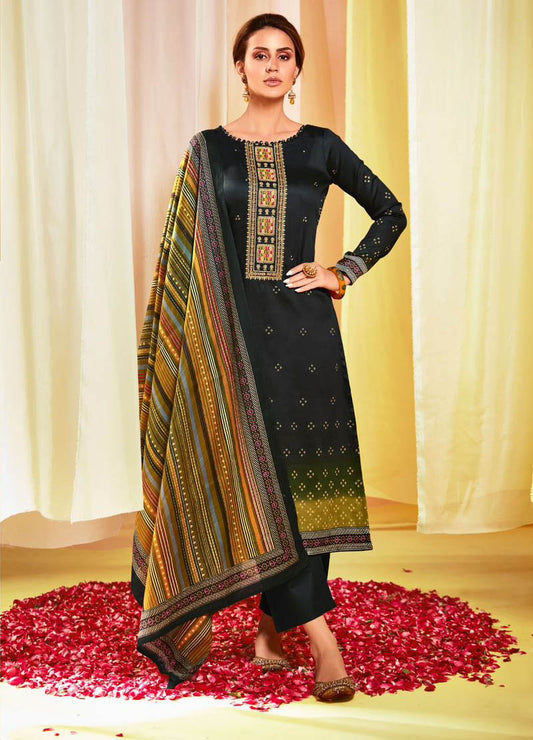 Embroidered Cotton Satin Unstitched Suit Set Black Mumtaz Arts