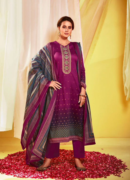Embroidered Cotton Satin Unstitched Suit Set Pink